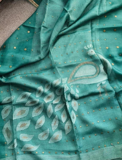 Keka premium Resham Silk Jamdani saree with handwoven needle Jamdani work, metal gini embellishments, peacock motif pallu, thin zari border, and running blouse piece.