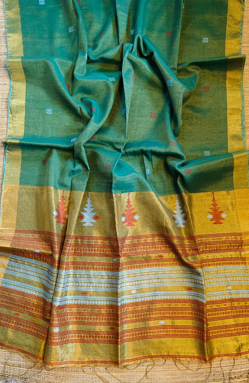 Pure tissue cotton handloom Paithani design saree with beautiful golden selvage and running blouse piece by Rihyaaz.
