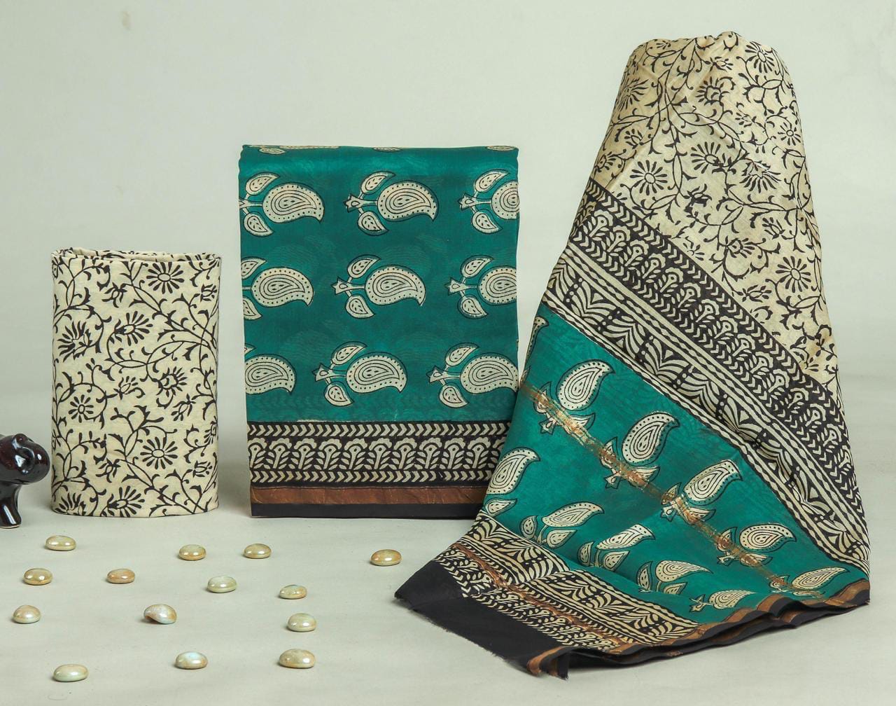 Royal Lady Seagreen Bagru hand block printed Chanderi silk suit set with pure Chanderi silk dupatta and cotton bottom by Rihyaaz.