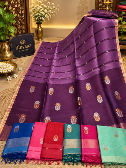 Shop Moss Silk Linen Resham Palla Sona Rupa Dual Zari Weaved Jamdani Saree by Rihyaaz. Handwoven heritage, refined detailing and timeless Indian elegance.