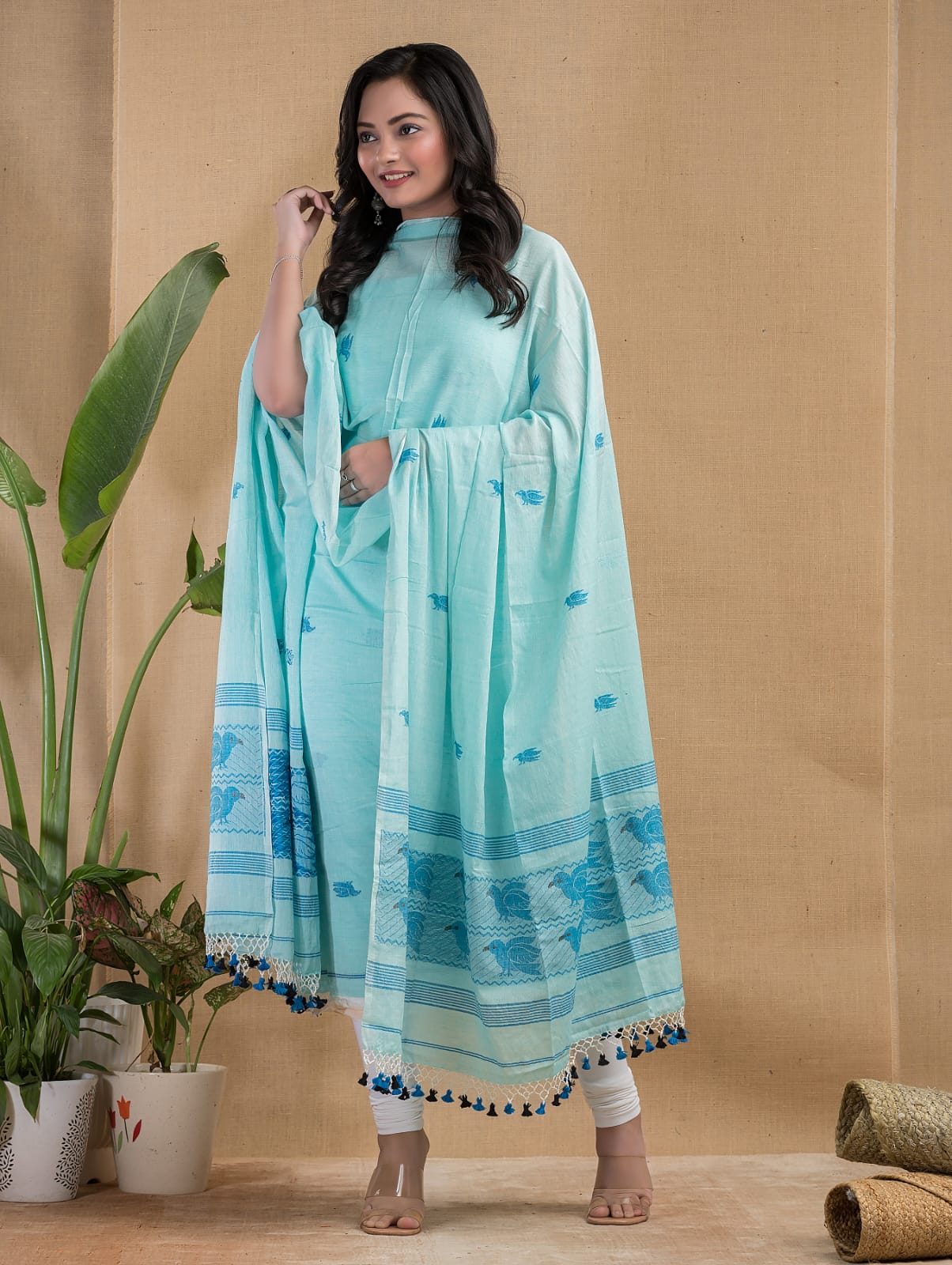Bird Motif Jamdani Mul Mul Cotton Suit Set by Rihyaaz with 3-meter top and 2.5-meter dupatta