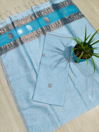 Rashi Silk Linen Lotus Jamdani Suit Set by Rihyaaz featuring a 3-meter silk linen top with a 2.5-meter tassel dupatta, showcasing elegant handwoven Lotus Jamdani craftsmanship.