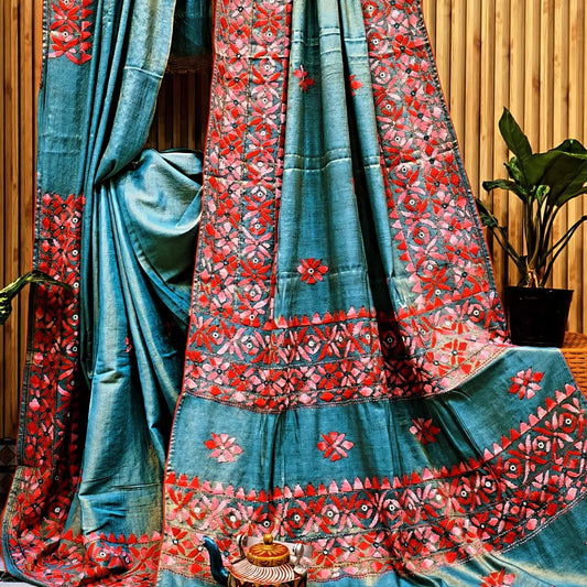 Satrangi Pure Handloom Raga Tissue Saree with handcrafted Kathiyawadi embroidery by Rihyaaz, luxury festive handwoven ethnic saree.