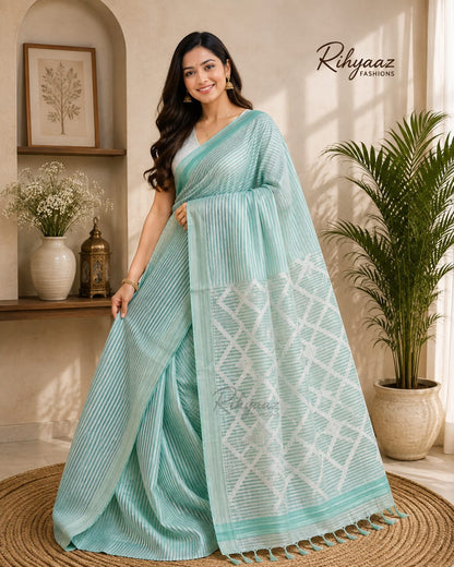 Sarsi – Pure Silk Linen Resham Pallu Jamdani Handwoven Saree with Blouse Piece | Rihyaaz