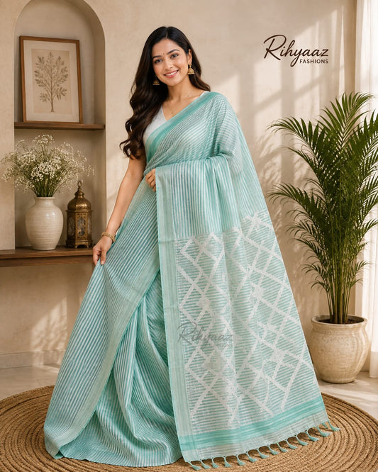 Sarsi – Pure Silk Linen Resham Pallu Jamdani Handwoven Saree with Blouse Piece | Rihyaaz