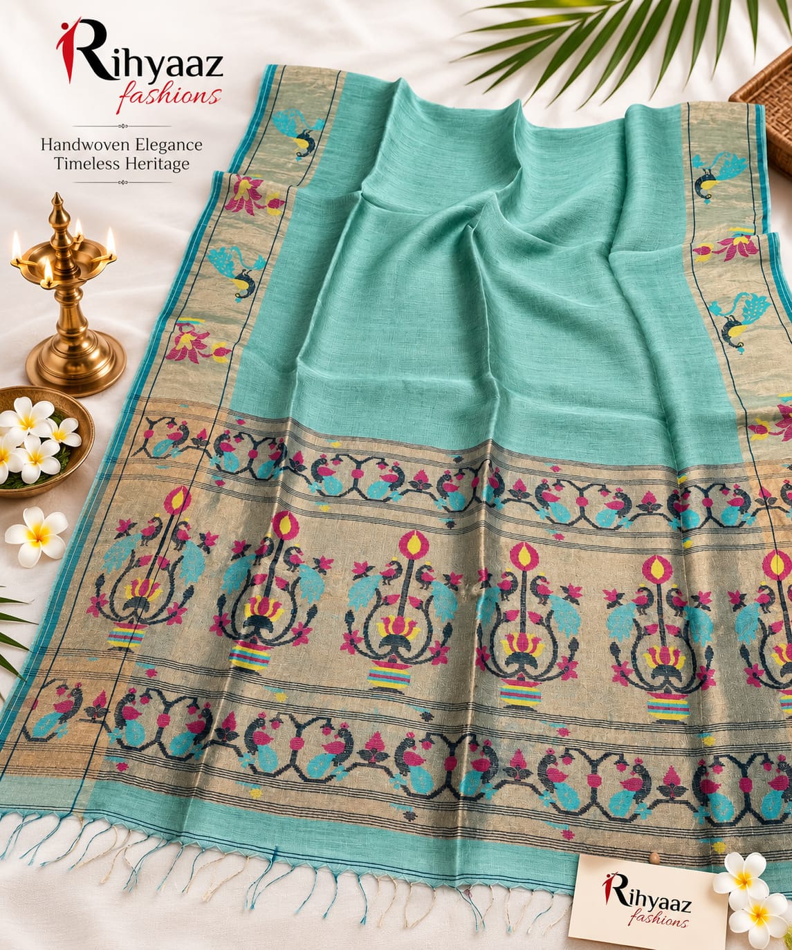Sutra Silk Linen Intricate Paithani Palla Saree by Rihyaaz featuring exquisite handwoven craftsmanship, luxurious silk linen fabric, detailed Paithani palla, and an elegant traditional design for festive and wedding wear.