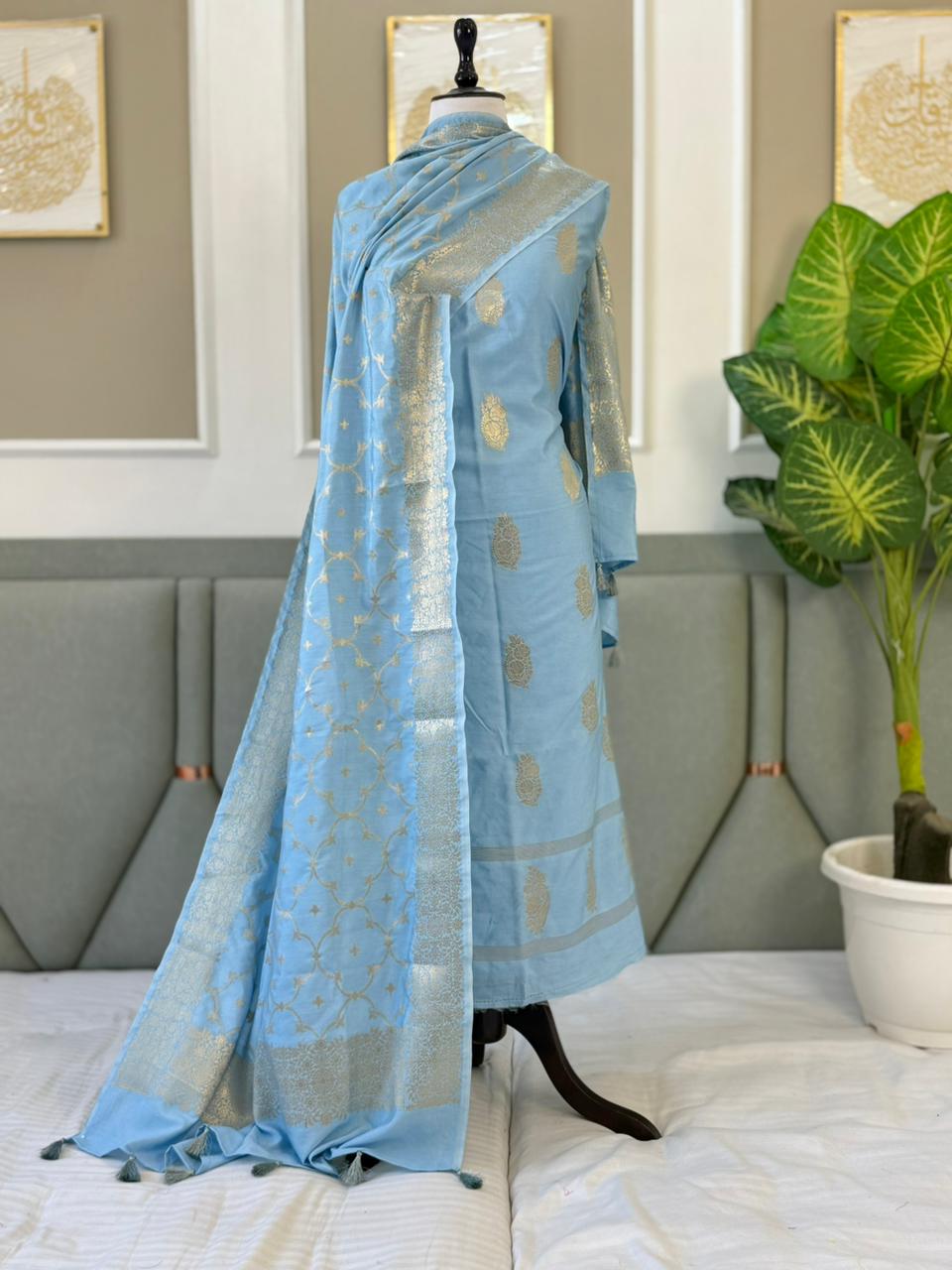 Exclusive Sky Banarasi Chiniya Silk Unstitched Salwar Kameez Design No. 8 by Rihyaaz, featuring a semi Chiniya silk top with intricate zari weaving, matching semi Chiniya silk zari-woven dupatta, and plain dyed cotton silk bottom, 2.5 metres each, premium festive ethnic wear.