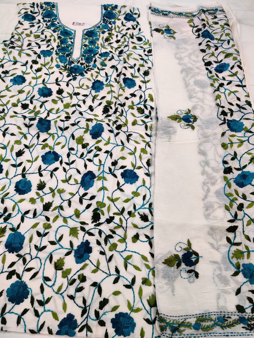 Rihyaaz sky Hand Parsi pure cotton 3-piece suit material with 2.5 metre kameez, pant and dupatta fabric, elegant ethnic cotton dress material.