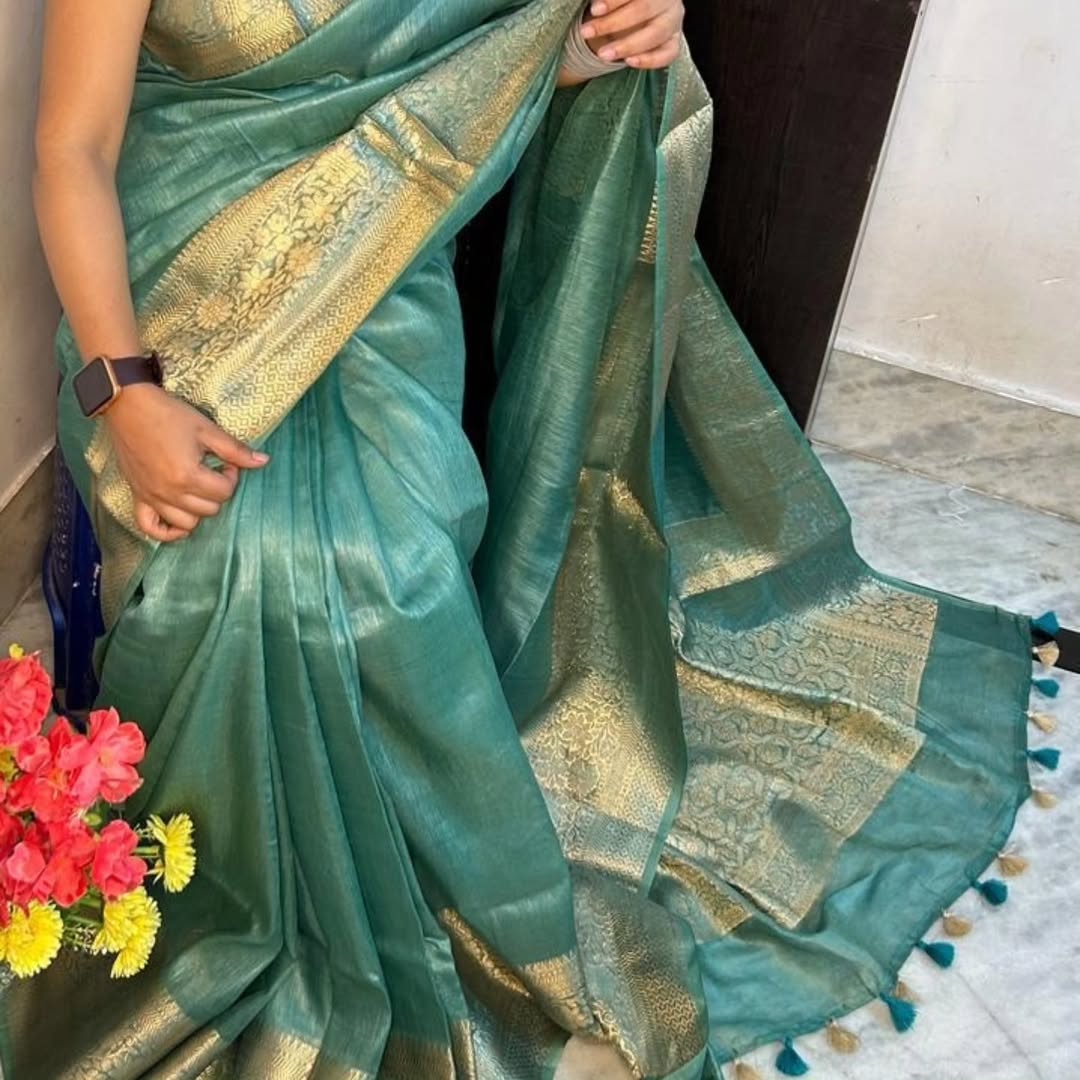 Ikangshi linen Benarasi saree with tested zari weaving and running blouse piece by Rihyaaz