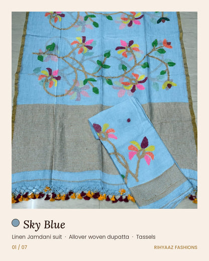 Gulmohar sky linen needle-weaved Jamdani suits by Rihyaaz Fashions, showcasing elegant traditional weaving and sophisticated Indian ethnic wear for women.