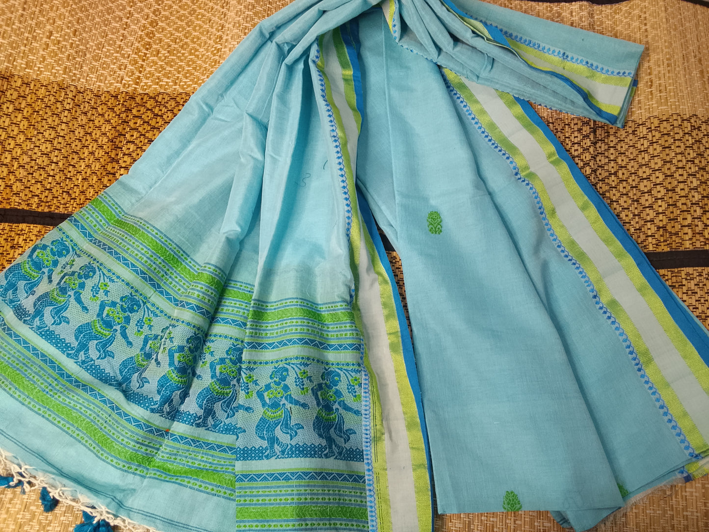 Bihu - Mul Cotton Baluchari Handwoven Suit Set by Rihyaaz featuring traditional Baluchari-inspired weaving on soft breathable mul cotton fabric.