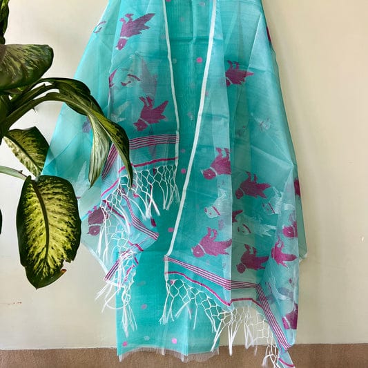 Chidiya muslin woven suit with zari and silk weaving, featuring polka dot motifs on the top by Rihyaaz Fashions.