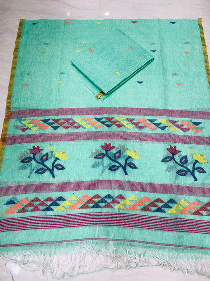 Twig Sky Premium Linen Needle Weaved Jamdani Suit by Rihyaaz with triangle woven top and floral Jamdani dupatta, handcrafted elegant ethnic wear.