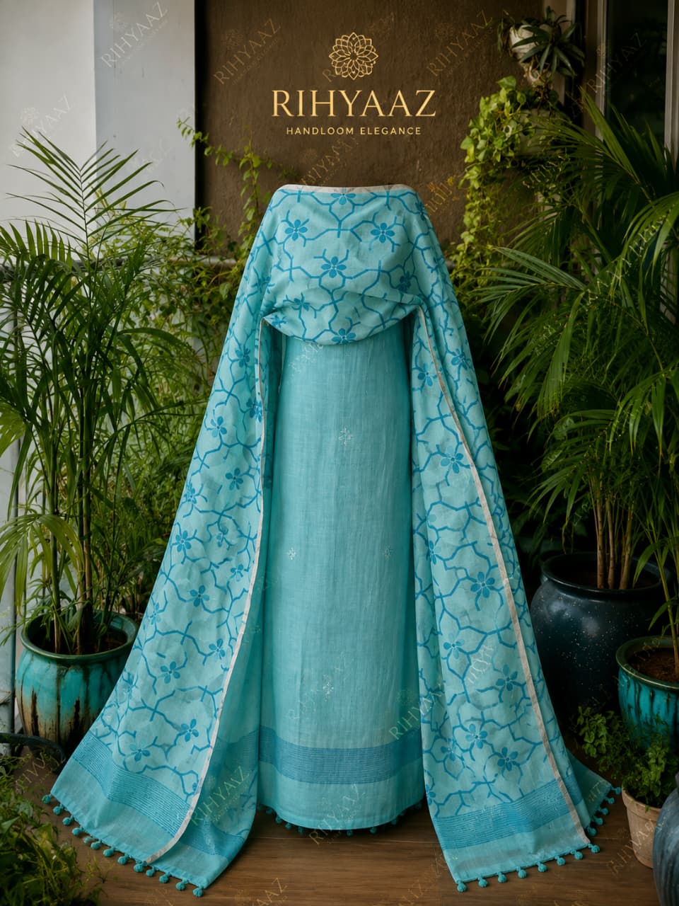 Zohra pure linen polka weaved suit with an all-over woven floral dupatta by  Rihyaaz for a graceful elegant look.