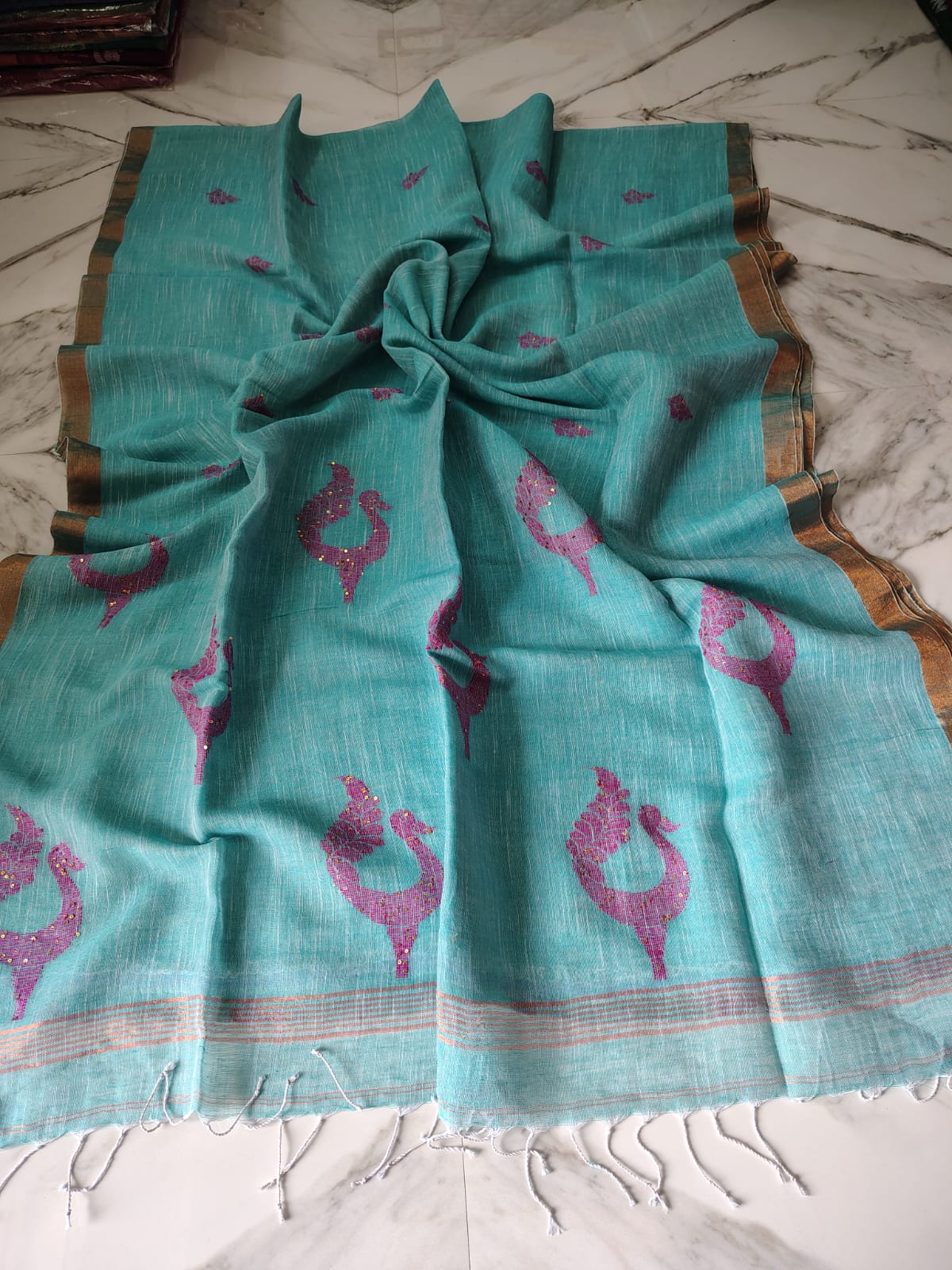 Exclusive Pure Linen by Linen Peacock Jamdani handwoven saree with all-over body Mina work and running blouse piece by Rihyaaz