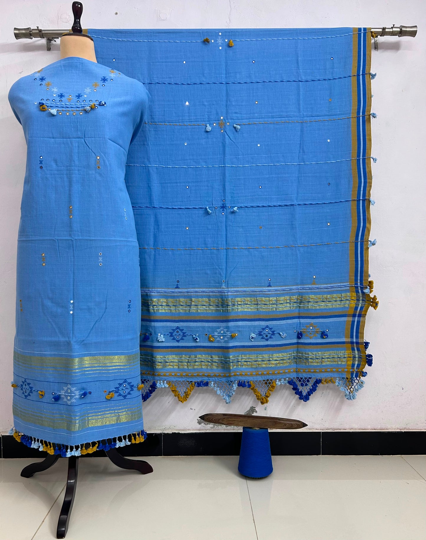 Fumka - handwoven Kapas Bhujodi 3 piece suit set with intricate mirror detailing, artisan woven kurta, matching bottoms and dupatta by Rihyaaz in sustainable handcrafted ethnic wear.