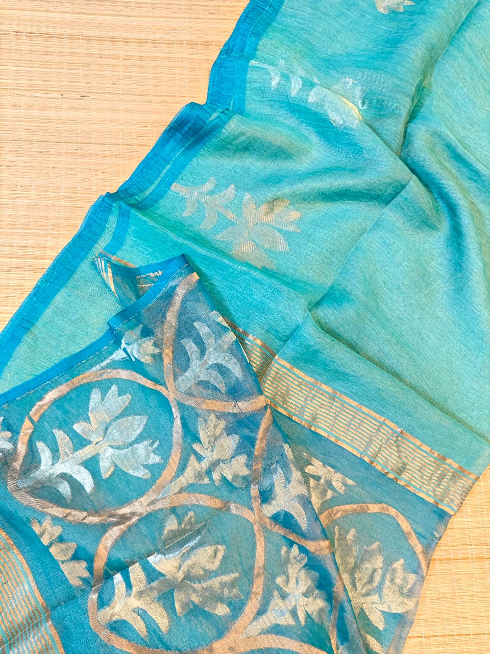 Padmini - Lotus Fusion Silk Linen Saree by Rihyaaz, premium handwoven silk linen saree with lotus-inspired design, lightweight festive ethnic wear for weddings and celebrations.