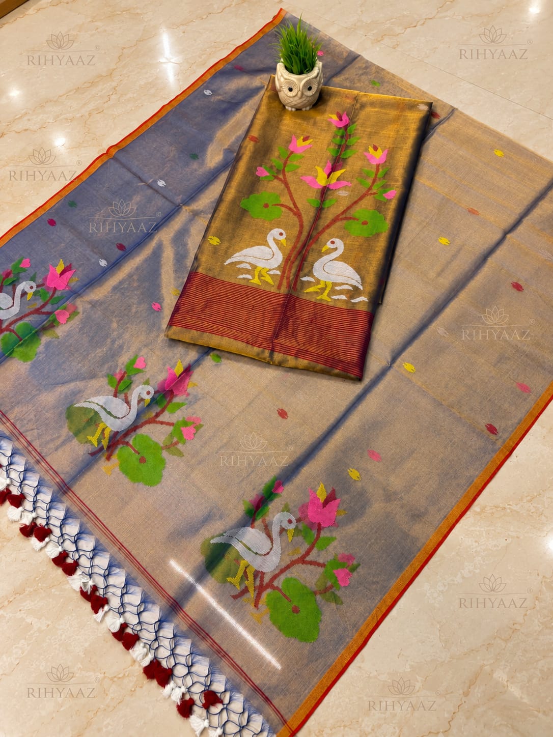 Kuhak Slate Tissue Needle Jamdani Suit by Rihyaaz – elegant traditional Indian ethnic wear with intricate Jamdani needle weaving and premium tissue fabric.