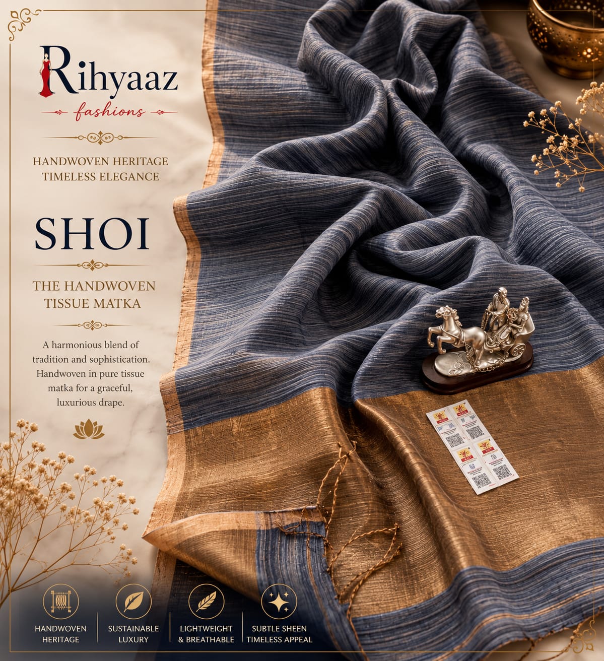 Shoi Inchi Par Tissue Resham Matka saree with elegant traditional border and running blouse piece by Rihyaaz.