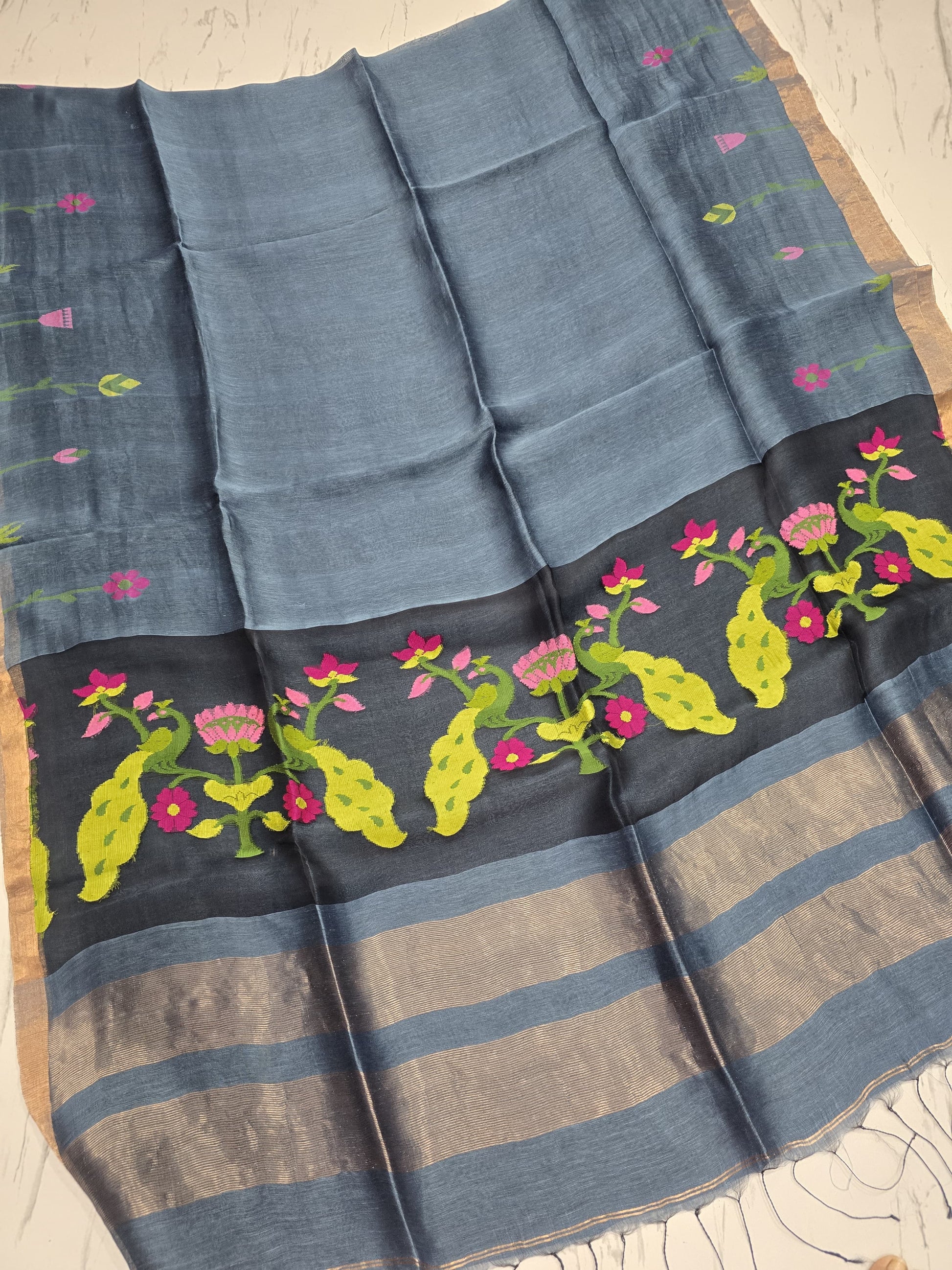 Keka pure silk linen saree with elegant muslin pallu, running blouse piece and Handloom Mark by Rihyaaz