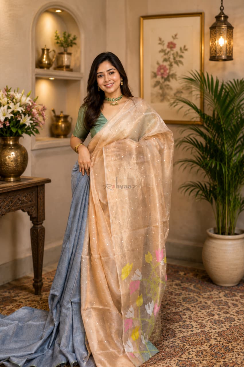Qala tissue silk sequin weaved saree with intricate Jamdani palla and solid-colour blouse piece, customisable in pastel shades by Rihyaaz.