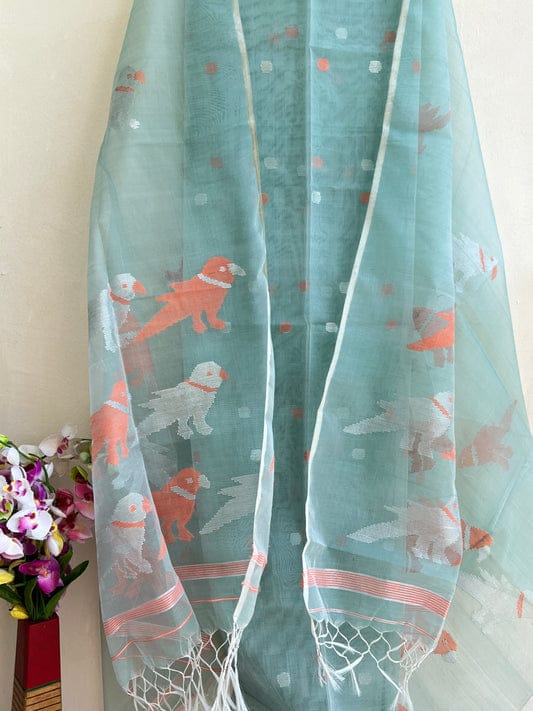 Chidiya muslin woven suit with zari and silk weaving, featuring polka dot motifs on the top by Rihyaaz Fashions.