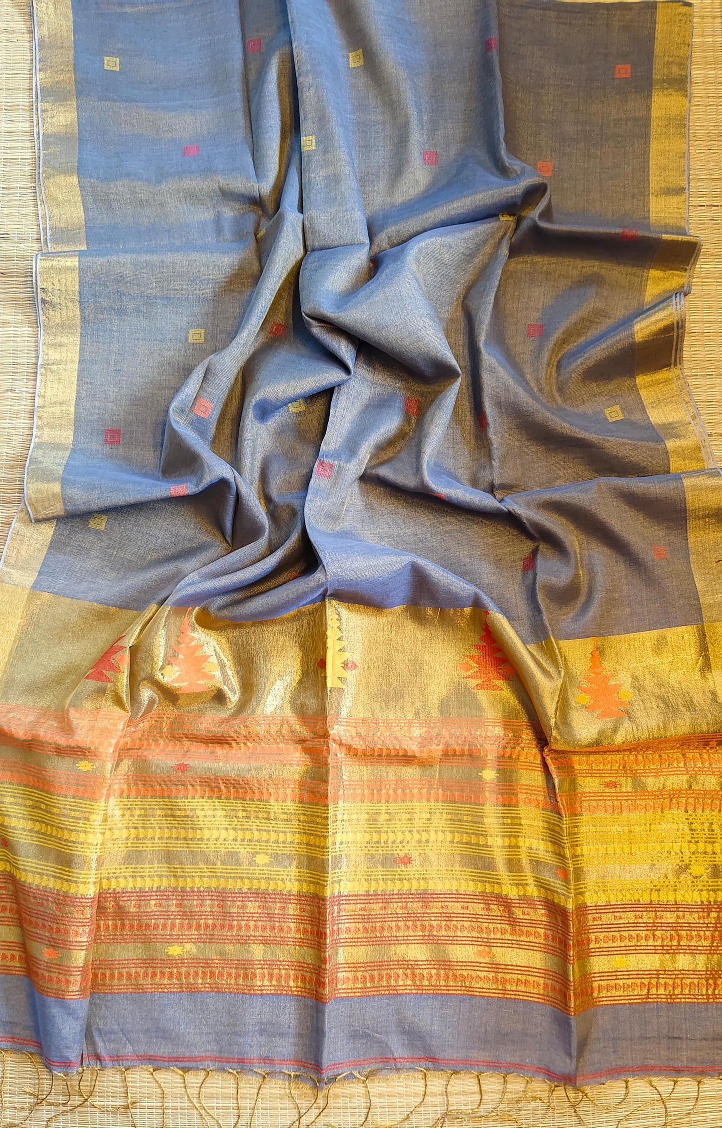 Pure tissue cotton handloom Paithani design saree with beautiful golden selvage and running blouse piece by Rihyaaz.