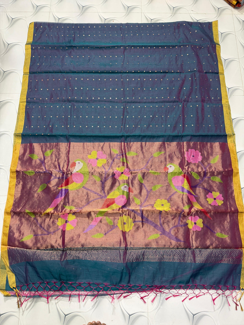 Tehni slate blue sequin weaved Muslin Paithani saree by Rihyaaz, elegant traditional festive saree with intricate Paithani weaving and allover weaved sequin detailing.