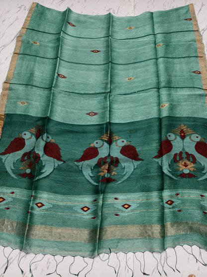 Moyna slate blue silk linen saree with Resham palla and intricate Meenakari Jamdani handwoven detailing with bird motiffs by Rihyaaz