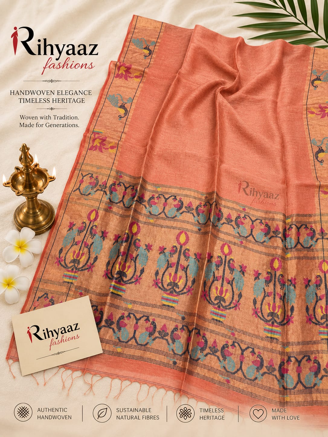 Sutra Silk Linen Intricate Paithani Palla Saree by Rihyaaz featuring exquisite handwoven craftsmanship, luxurious silk linen fabric, detailed Paithani palla, and an elegant traditional design for festive and wedding wear.