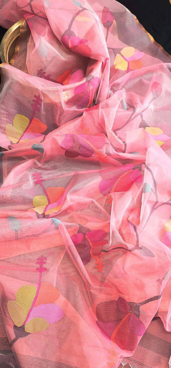 Blossom muslin Jamdani saree with allover floral handwoven motifs by Rihyaaz