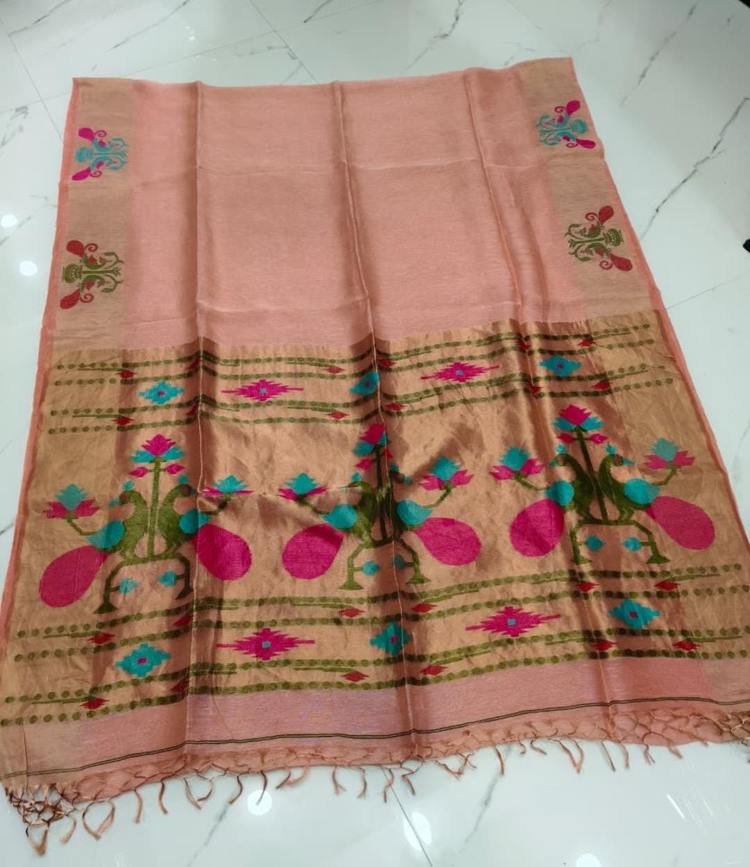 Mayeri Pure Linen Tissue Silk Jamdani Saree with beautiful double-side borders and blouse piece, colour customisation available | Rihyaaz