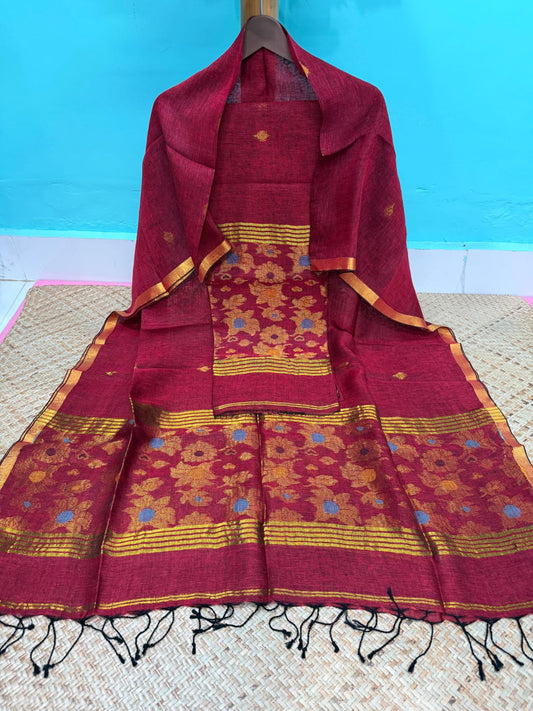 Floret linen floral weaved Jamdani suit set by Rihyaaz