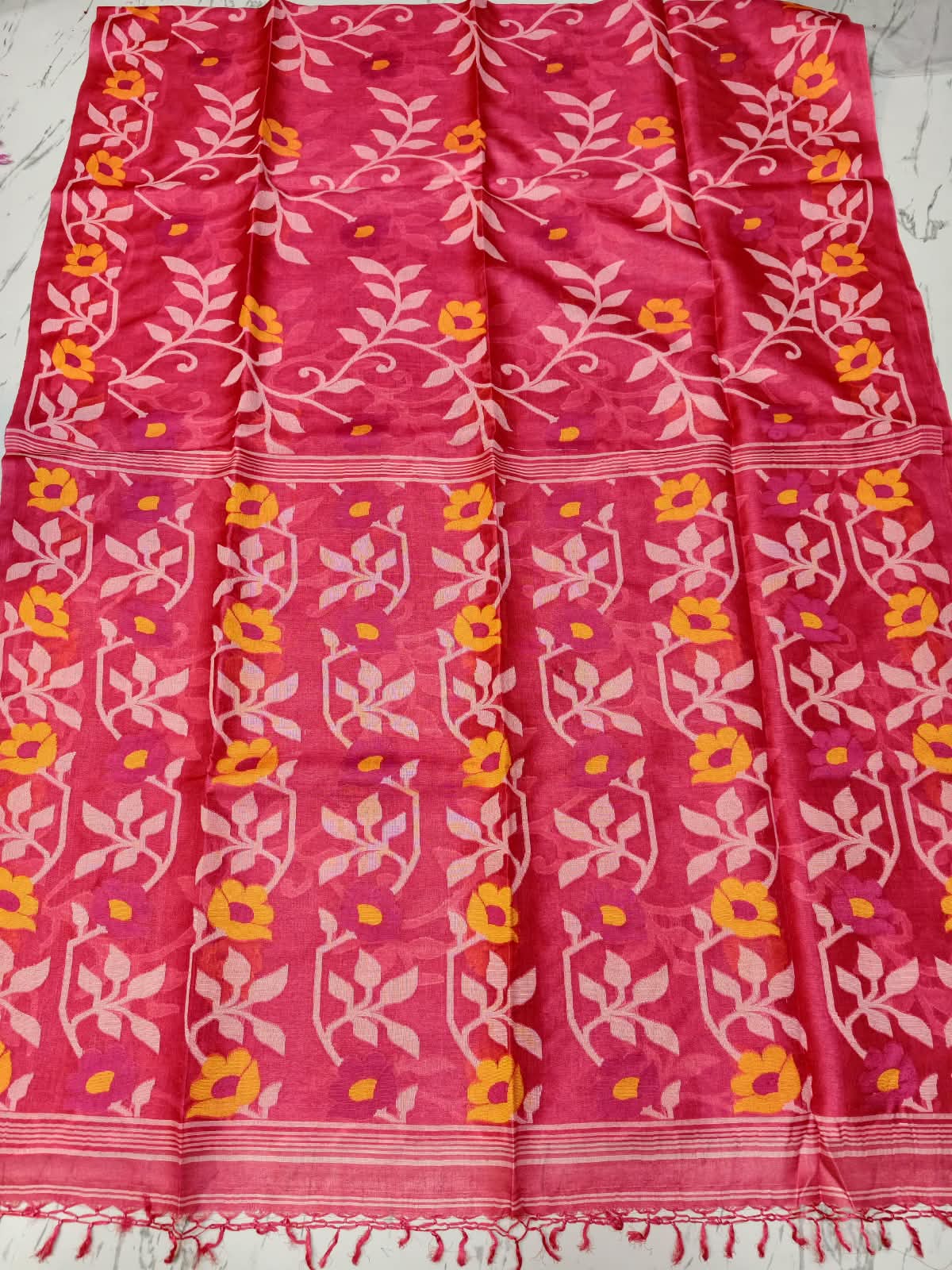 Bageecha  Strawberry Pure Tussar Jamdani saree with intricate all-over handwoven floral Jamdani work, Silk Mark certified by Rihyaaz 