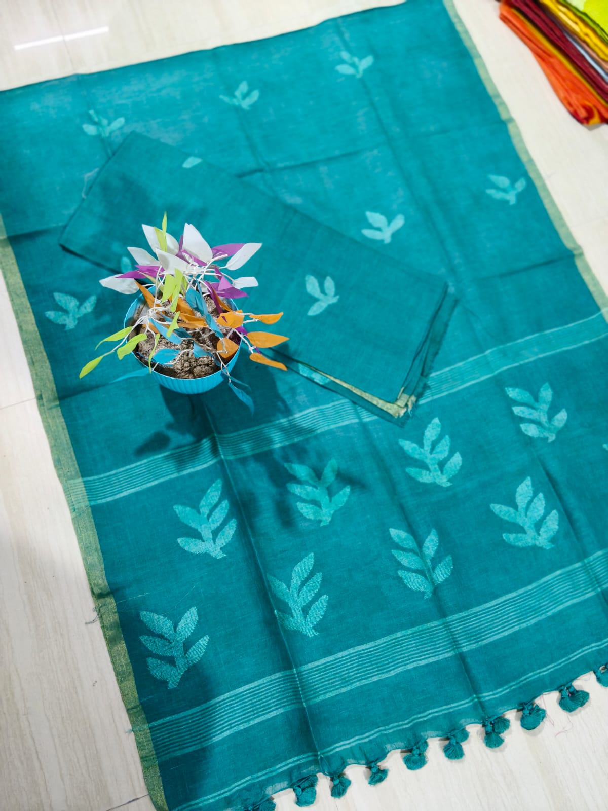 Tista Silk Linen Jamdani suit with needle-weaved leaf motifs and dupatta by Rihyaaz