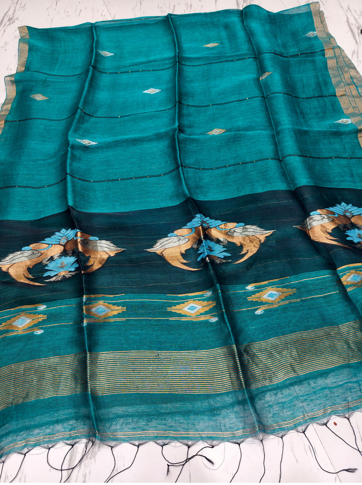 Moyna teal blue silk linen saree with Resham palla and intricate Meenakari Jamdani handwoven detailing with bird motiffs by Rihyaaz