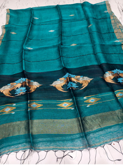 Moyna teal blue silk linen saree with Resham palla and intricate Meenakari Jamdani handwoven detailing with bird motiffs by Rihyaaz