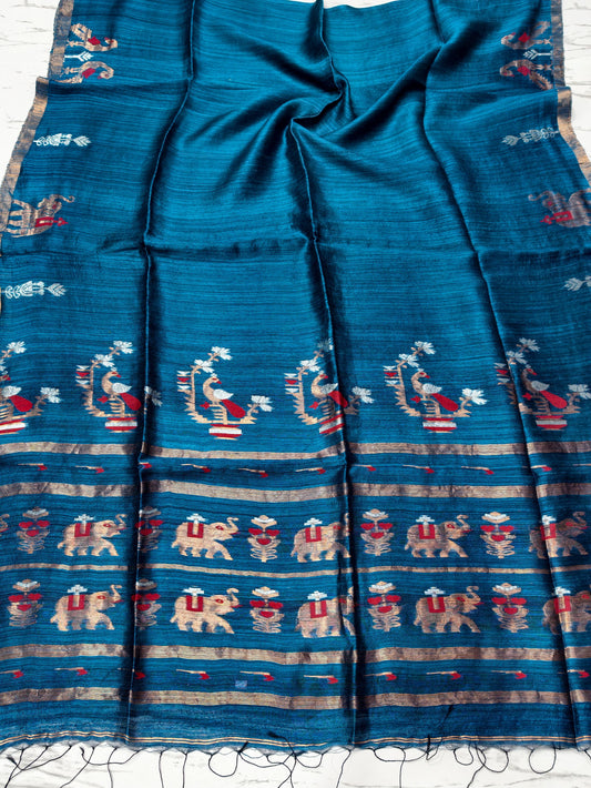 Swarnim Teal Blue pure zari Meenakari Matka saree by Rihyaaz Fashions featuring traditional Meenakari detailing and elegant zari work, perfect for festive wear, weddings and special occasions.