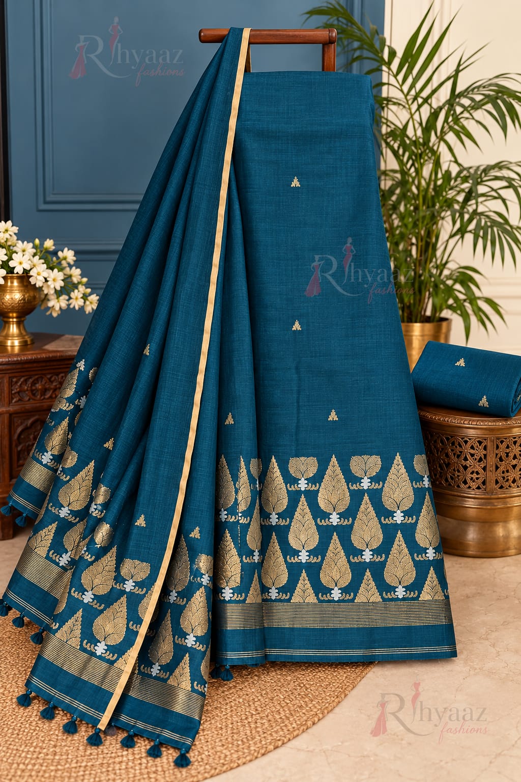 Sikha Teal Blue premium Jayshree linen suit with heavy-woven Sona Rupa dual zari weaved Jamdani work by Rihyaaz Fashions.