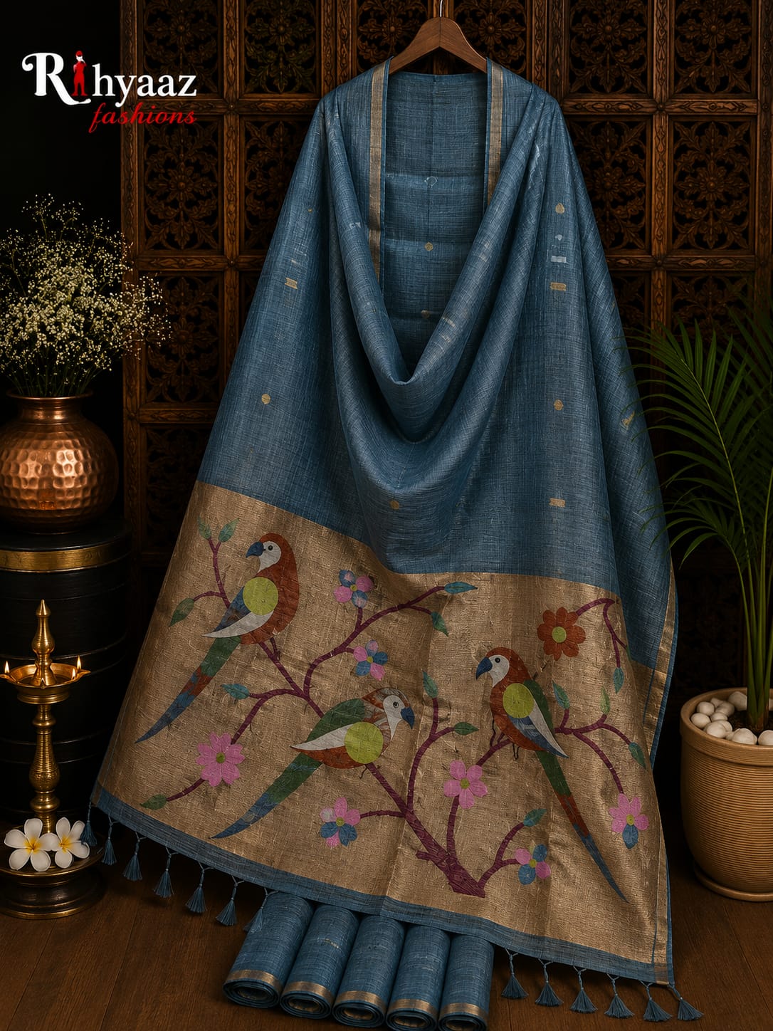 Niharika pure tissue silk linen saree with Paithani pallu and Jamdani hand weaving, featuring BP and Handloom Mark.