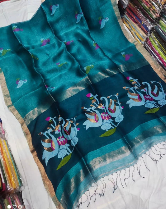 Jalangi Silk Linen Resham Anchal Jamdani Saree by Rihyaaz featuring intricate handwoven Jamdani detailing and elegant Resham Anchal