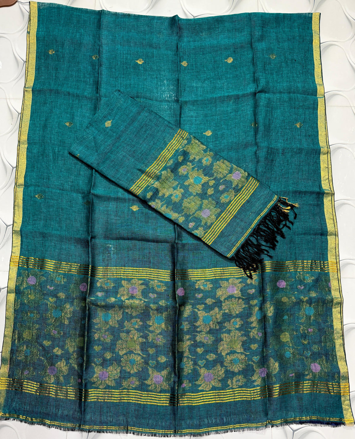 Teal Blue zari weaved pure linen Jamdani suit set with 2.6 meter top and 2.5 meter Tassels dupatta by Rihyaaz 