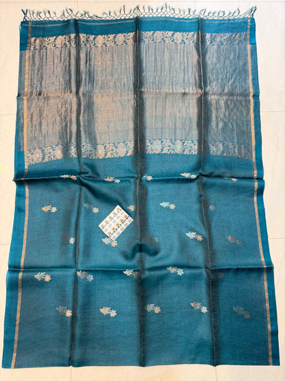 Authentic Gachi Tussar Sona Rupa Zari Weaved silk saree with floral motiffs and Government Silk Mark Tag by Rihyaaz 