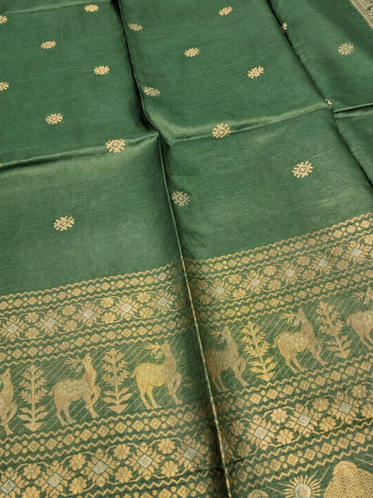 Hiran Teal Green pure Bengal Tussar silk Swarnachuri saree by Rihyaaz Fashions with running blouse piece.