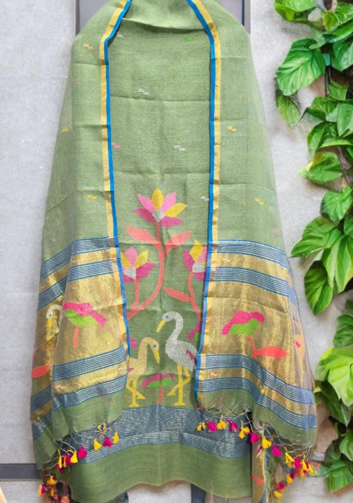 Kora Jayshree pure linen handwoven Jamdani kurti and dupatta set by Rihyaaz, featuring premium-quality traditional Indian handloom weaving.