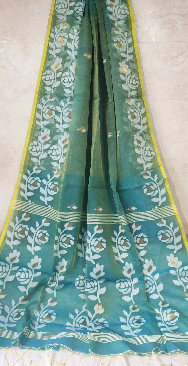 Muslin jacquard weaving saree by Rihyaaz featuring intricate woven patterns and an elegant lightweight drape.