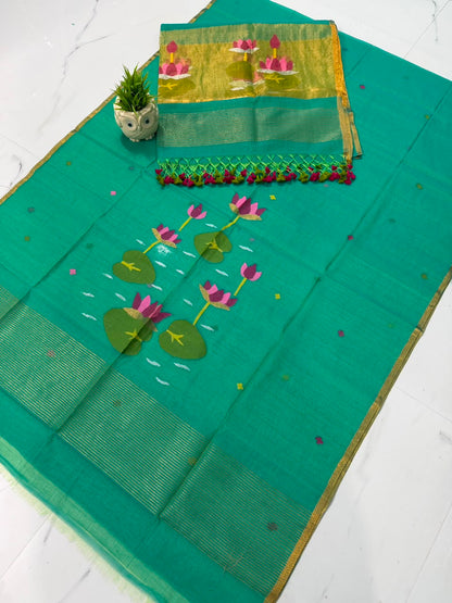 Rihyaaz handwoven Muslin Paithani Jamdani suit set with 2.5-meter top and 2.5-meter tassel-detail dupatta