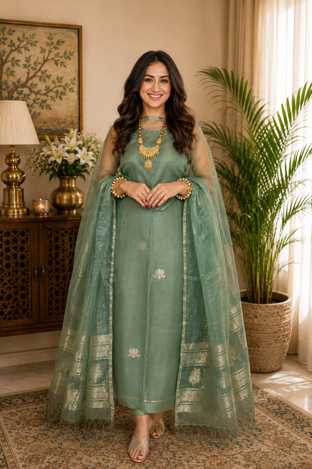 𝓝𝓮𝓮𝓿𝓪 Pure Resham by Linen lotus weaved suit paired with a resham dual zari handwoven dupatta by Rihyaaz, showcasing intricate Indian handloom craftsmanship and elegant festive ethnic design.