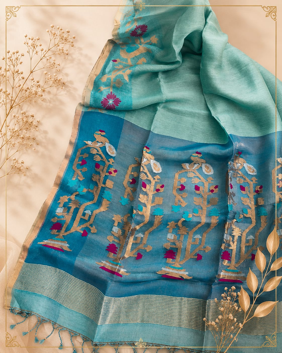 Khori - Silk Tissue Linen Needle Karat Jamdani Saree with handcrafted Resham Jamdani palla, premium handwoven festive saree by Rihyaaz featuring elegant traditional weaving and luxurious silk tissue linen fabric.