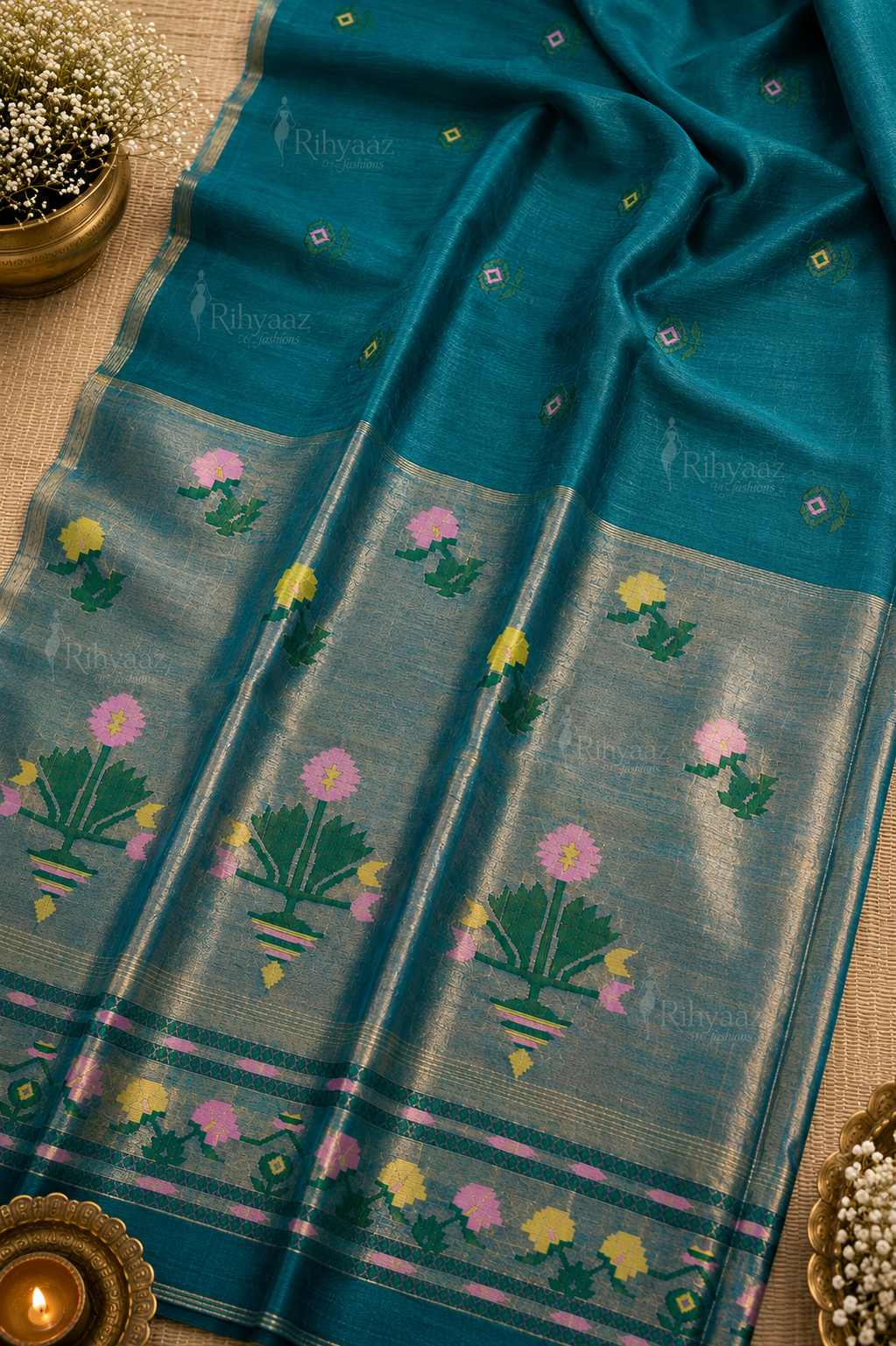 Ful - Paithani Inspired Tissue Palla Linen Silk Saree by Rihyaaz featuring an elegant handwoven linen silk body with a luxurious tissue Paithani-inspired palla, ideal for festive wear, wedding celebrations, and traditional occasions.